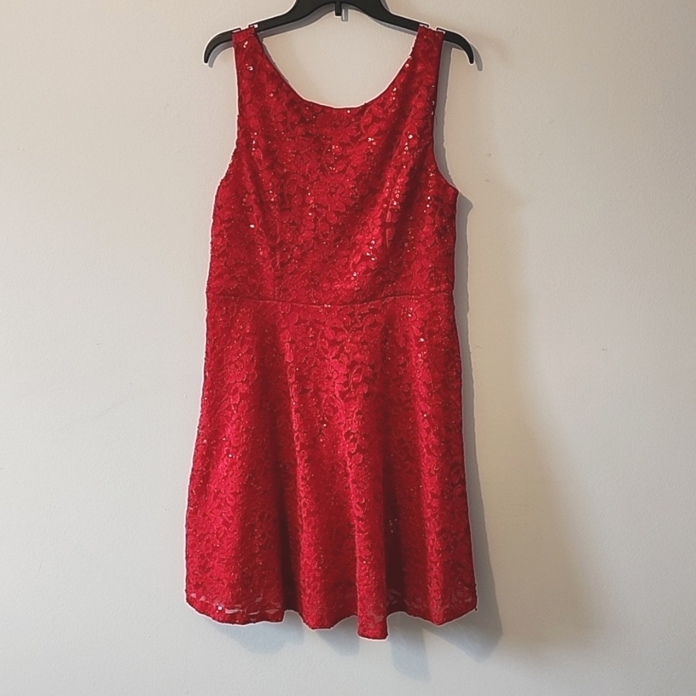 Red lace sequin fit flare dress